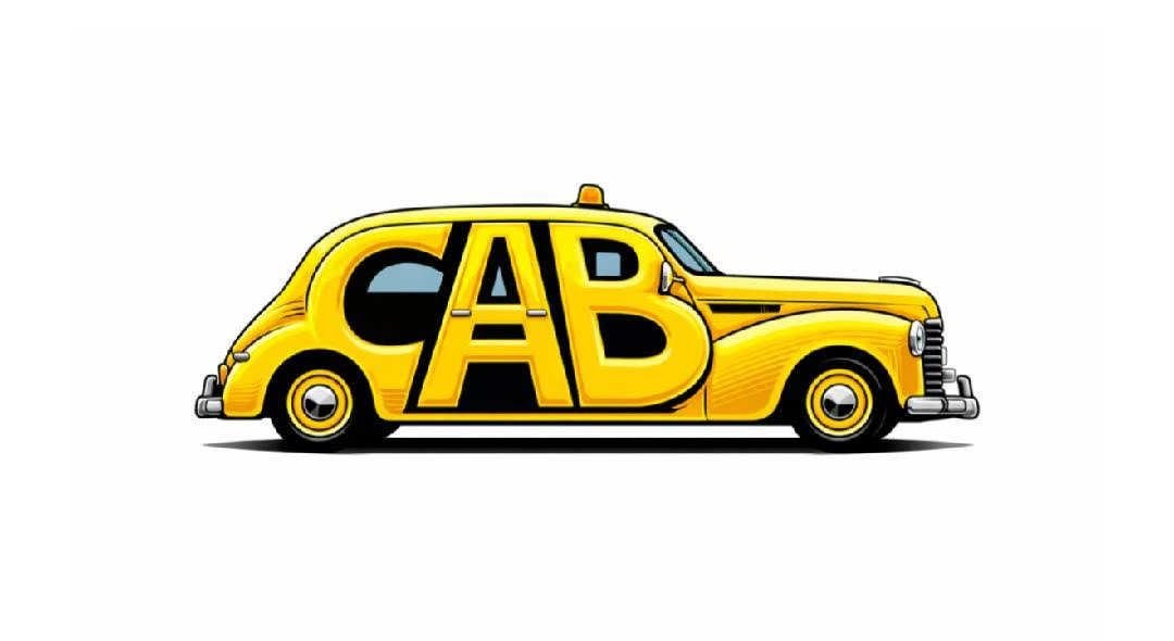 An image of a classic 1950s and '60s-style taxi cab, featuring the stylized band name CAB